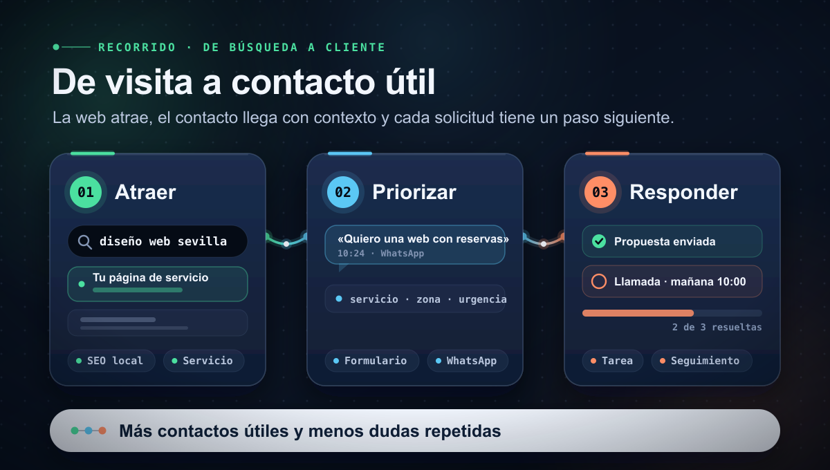 Flujo visual de web pública, formulario, panel interno, WhatsApp y seguimiento